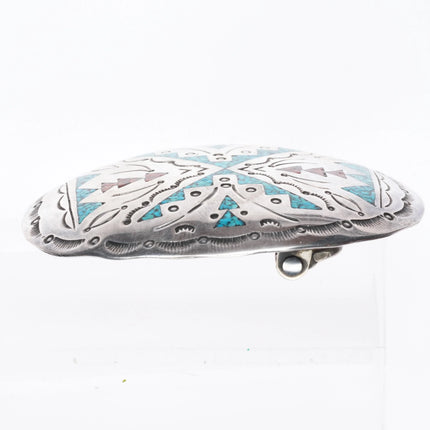 Fred Baca Navajo sterling silver vintage chip inlay belt buckle