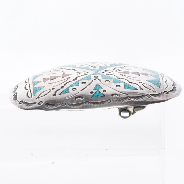 Fred Baca Navajo sterling silver vintage chip inlay belt buckle