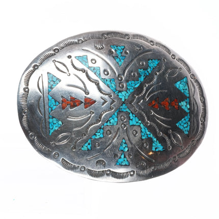 Fred Baca Navajo sterling silver vintage chip inlay belt buckle