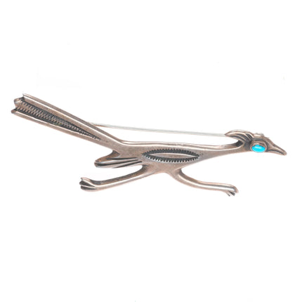 Large vintage Navajo sterling silver roadrunner pin/brooch w/ turquoise eye