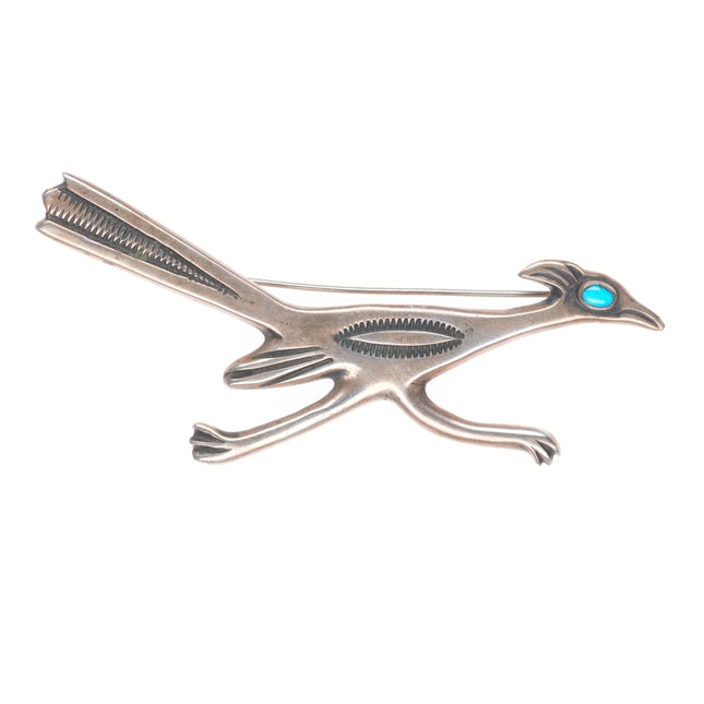 Large vintage Navajo sterling silver roadrunner pin/brooch w/ turquoise eye