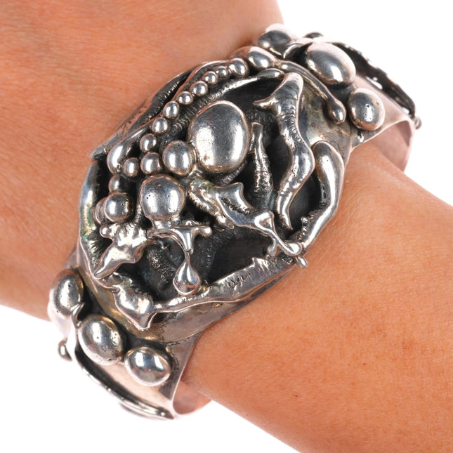 7" Jim Everitt Brutalist southwest sterling silver onyx/turquoise cuff bracelet