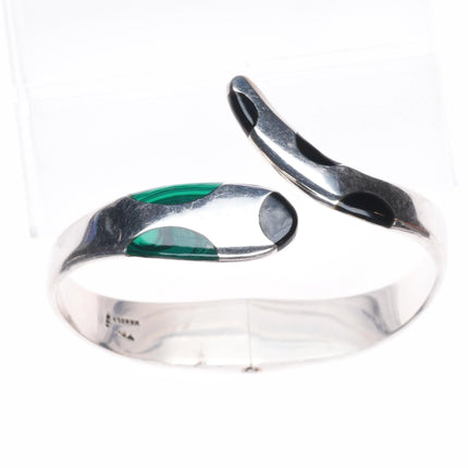 7.25" Retro Mexican sterling silver snake clamper bangle bracelet malachite/onyx
