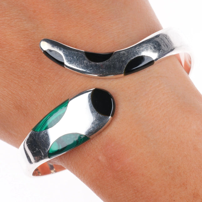 7.25" Retro Mexican sterling silver snake clamper bangle bracelet malachite/onyx