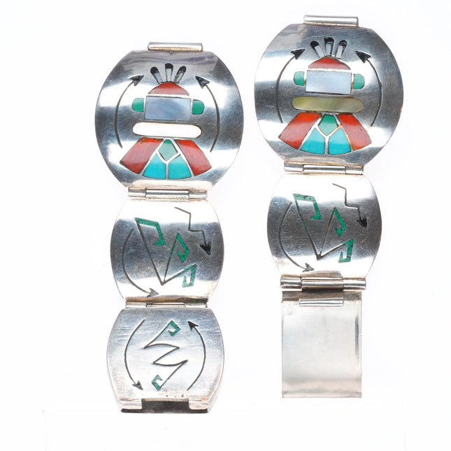 Vintage Wayne Silvers Navajo sterling silver inlaid fancy watch band chip inlay