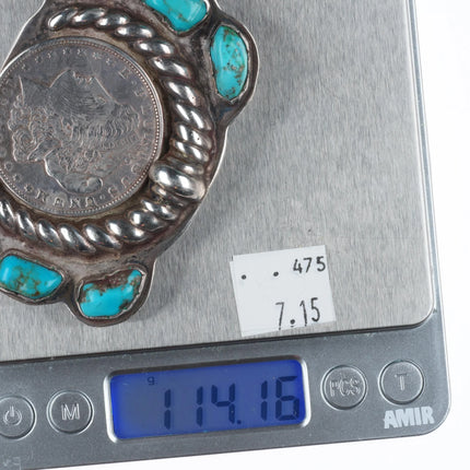 Heavy Vintage Navajo Kingman turquoise sterling belt buckle silver dollar