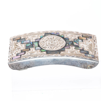 Vintage Aztec/Mayan style Mexican sterling silver/mother of pearl belt buckle