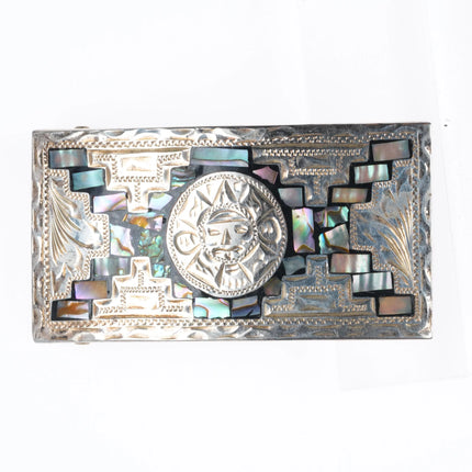 Vintage Aztec/Mayan style Mexican sterling silver/mother of pearl belt buckle