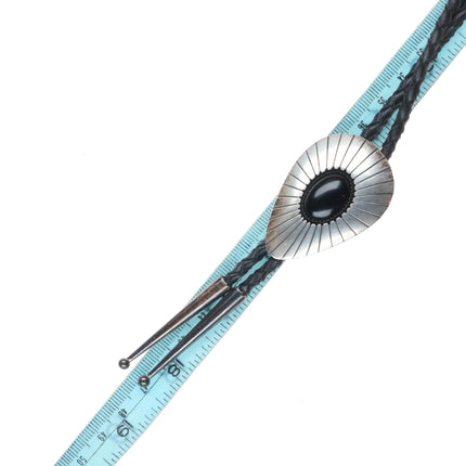 c1980 Vintage TN Navajo shadowbox sterling silver onyx bolo tie