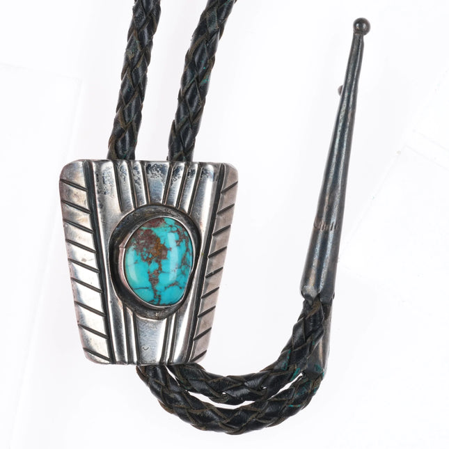 c1970 BCB Navajo hand chiseled sterling silver turquoise shadowbox bolo tie
