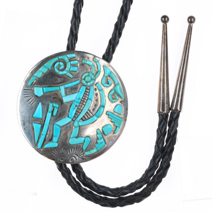 Vintage Clement Honie Hopi Overlay turquoise Kokopelli bolo tie sterling silver