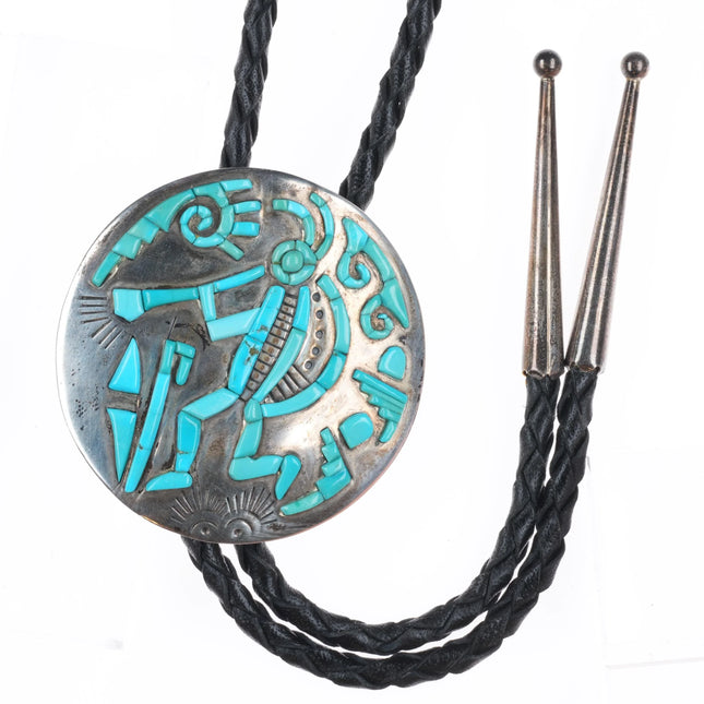 Vintage Clement Honie Hopi Overlay turquoise Kokopelli bolo tie sterling silver