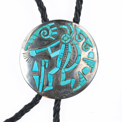 Vintage Clement Honie Hopi Overlay turquoise Kokopelli bolo tie sterling silver
