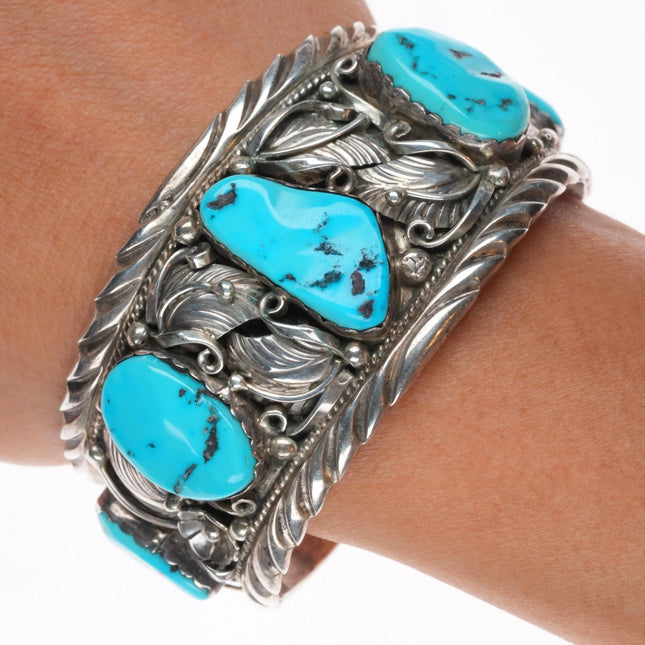 c1980 E Yazzie Navajo sterling silver Kingman turquoise cuff bracelet large