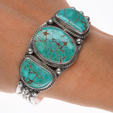 6.8" 1940's Navajo high grade #8 turquoise sterling silver cuff bracelet arrows