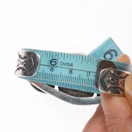 6.8" 1940's Navajo high grade #8 turquoise sterling silver cuff bracelet arrows