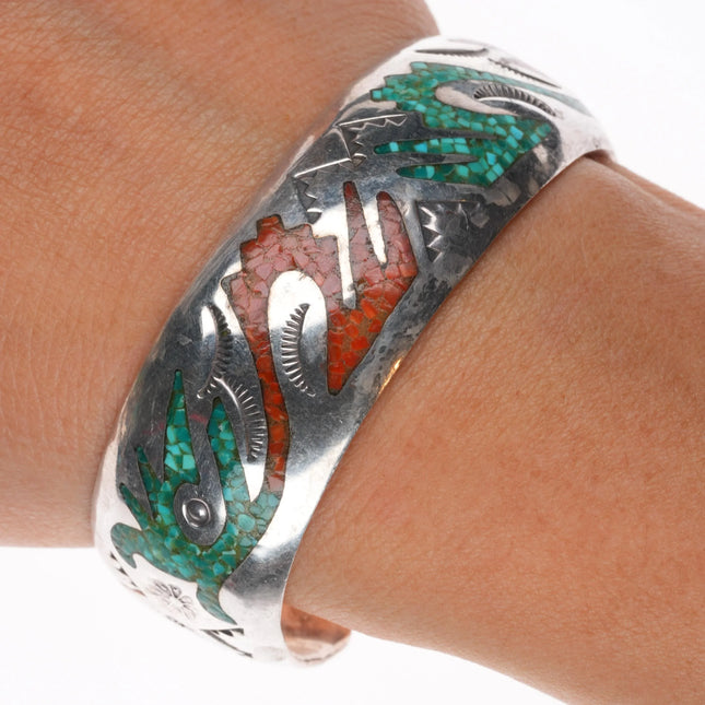 6.25" Delvin Nelson Navajo sterling silver chip inlay cuff bracelet