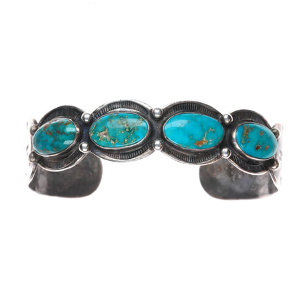 6.5" 1940's Navajo Blue Gem turquoise row cuff bracelet sterling silver