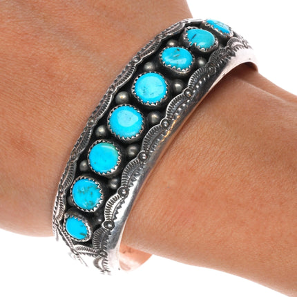 6.3" Wilbur Muskett Navajo sterling silver shadowbox turquoise row cuff bracelet