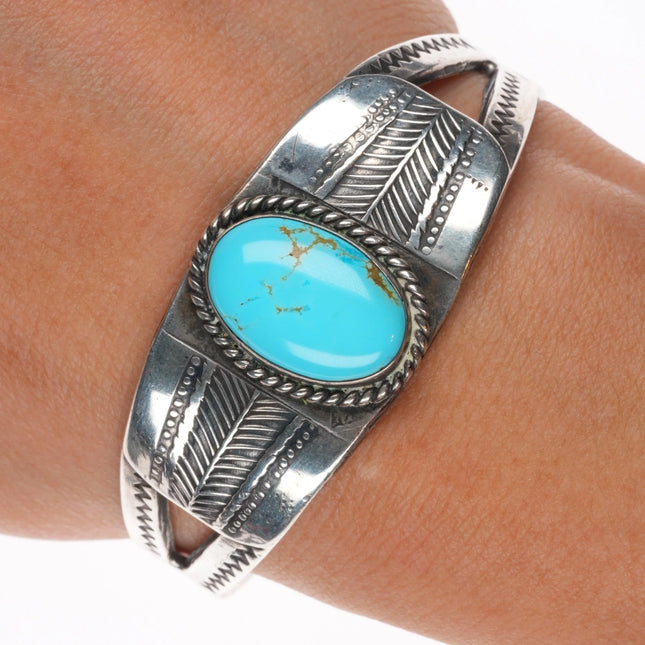 6.1" 1930's Navajo arrow stamped sterling silver cuff bracelet w/nice turquoise