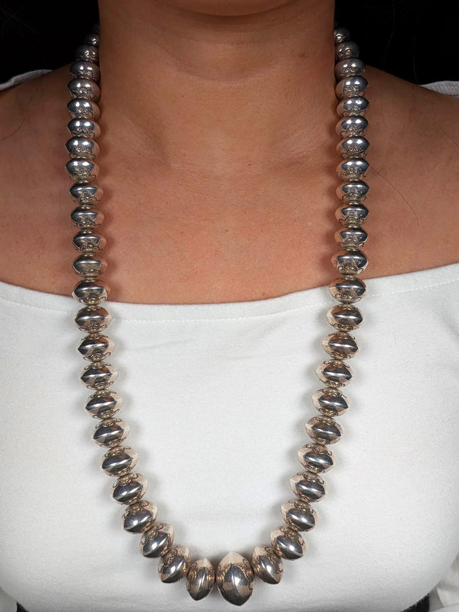 28" Heavy stamped Navajo pearls sterling silver beaded necklace high quality