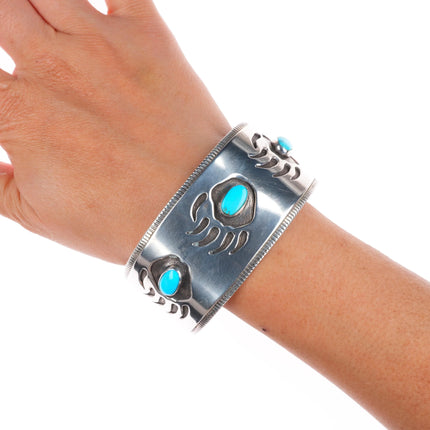 7.6" Big Vintage Navajo Overlay bear paw sterling silver turquoise cuff bracelet