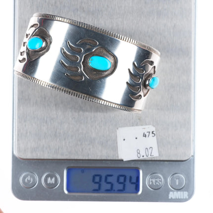 7.6" Big Vintage Navajo Overlay bear paw sterling silver turquoise cuff bracelet