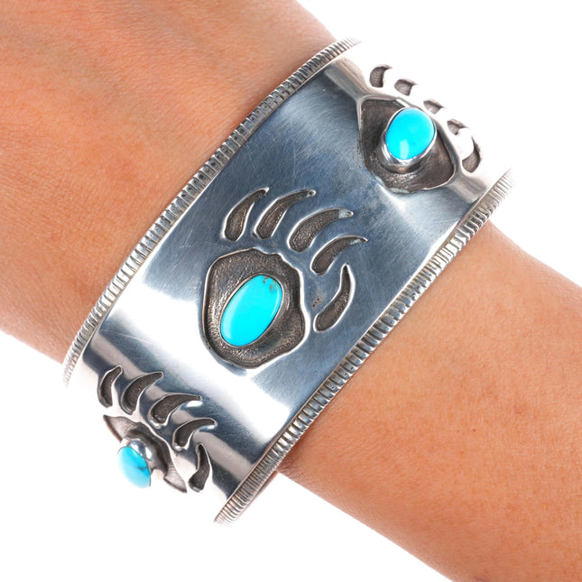 7.6" Big Vintage Navajo Overlay bear paw sterling silver turquoise cuff bracelet