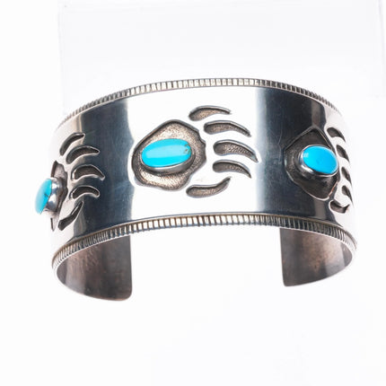 7.6" Big Vintage Navajo Overlay bear paw sterling silver turquoise cuff bracelet