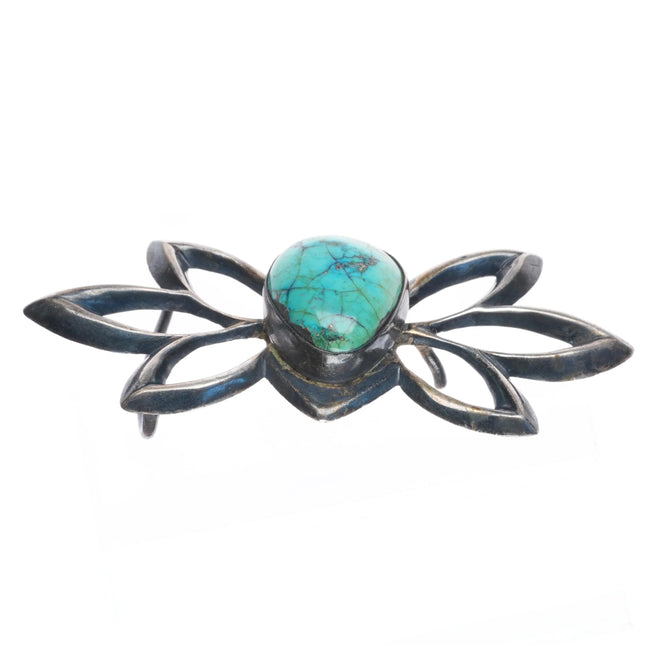 Vintage Navajo cast sterling silver belt buckle w/ nice center turquoise stone