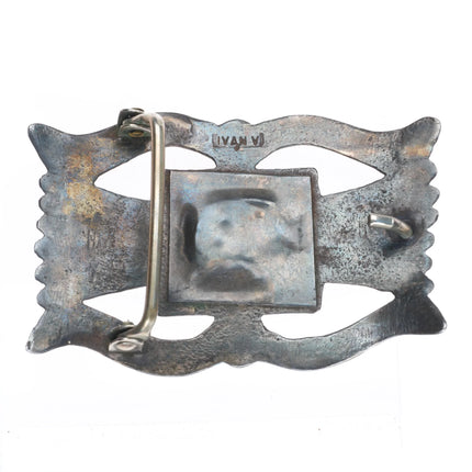 Vintage Ivan V Navajo cast sterling silver belt buckle nice turquoise stone