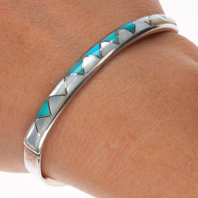 6.2" Kallestewa Zuni Sterling silver vintage turquoise/shell inlay cuff bracelet
