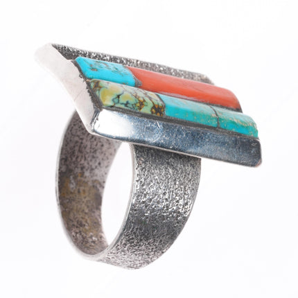 sz12.75 Large Tufa Cast Harold Lovato - Kewa turquoise/Variscite/coral ring