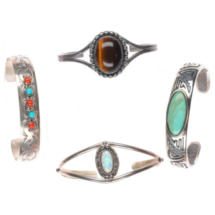 6.25" Lot/4 southwestern sterling silver turquoise/coral/opal cuff bracelets