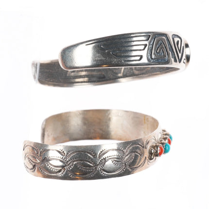 6.25" Lot/4 southwestern sterling silver turquoise/coral/opal cuff bracelets