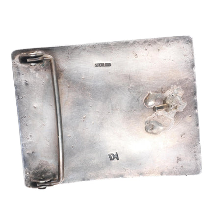 Vintage 60's-70's Navajo sterling silver red web turquoise belt buckle feathers