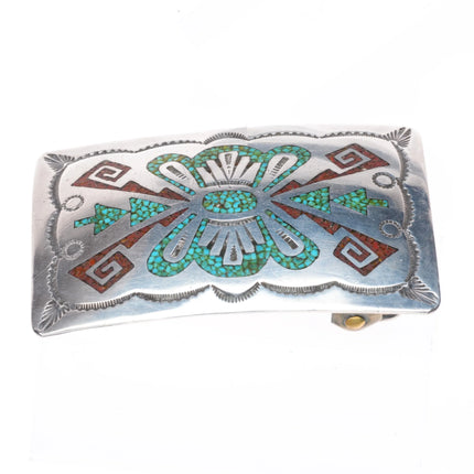 1970's Navajo Vintage Sterling silver chip inlay belt buckle turquoise