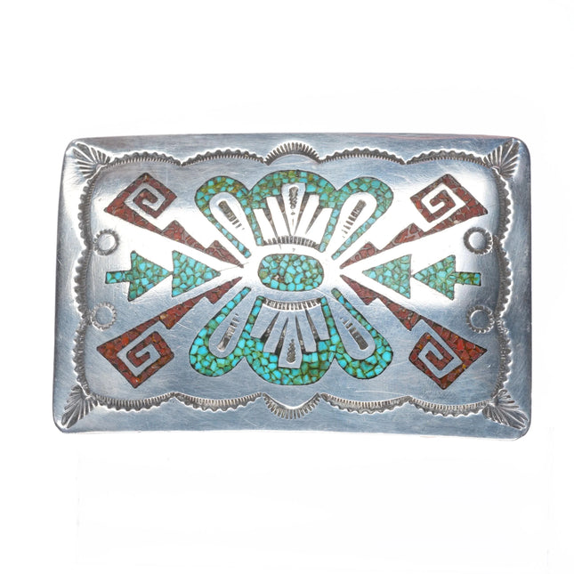 1970's Navajo Vintage Sterling silver chip inlay belt buckle turquoise