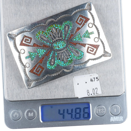 1970's Navajo Vintage Sterling silver chip inlay belt buckle turquoise