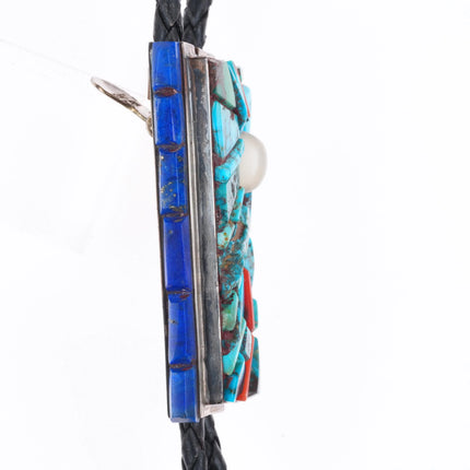 c1970 Native American High grade turquoise/coral/lapis inlay sterling bolo tie