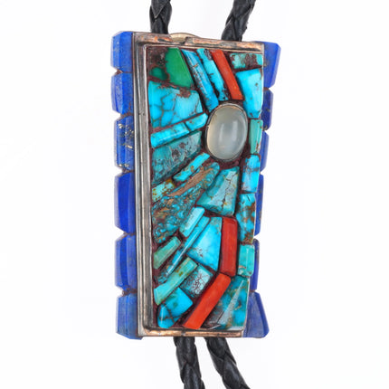 c1970 Native American High grade turquoise/coral/lapis inlay sterling bolo tie