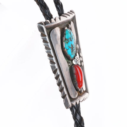 c1950's Roy Vandever Navajo sterling silver, turquoise, coral bolo tie