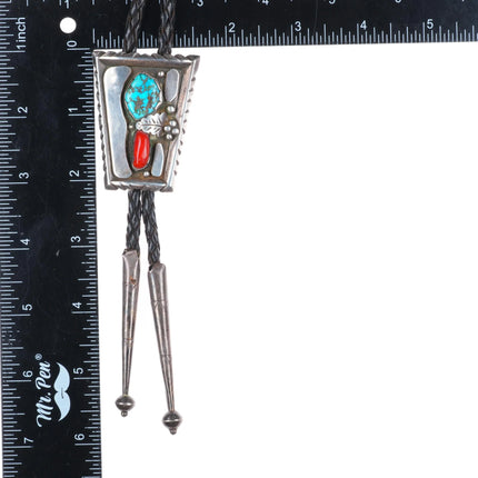 c1950's Roy Vandever Navajo sterling silver, turquoise, coral bolo tie