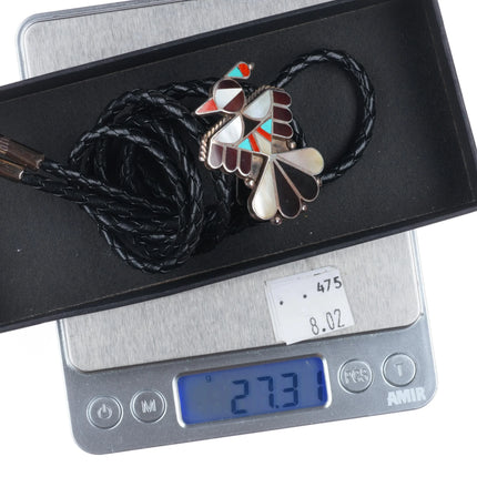 Vintage F.K. Zuni sterling silver channel inlay stone/shell thunderbird bolo tie
