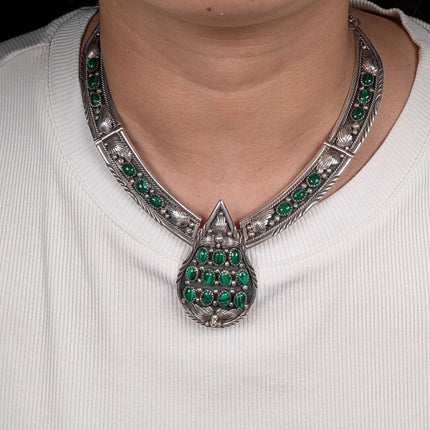 Vintage Calvin Peterson Navajo Sterling silver malachite cluster bib necklace