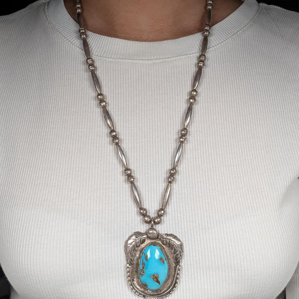 Vintage Navajo sterling silver beaded necklace with turquoise pendant c1970s