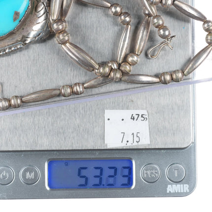 Vintage Navajo sterling silver beaded necklace with turquoise pendant c1970s