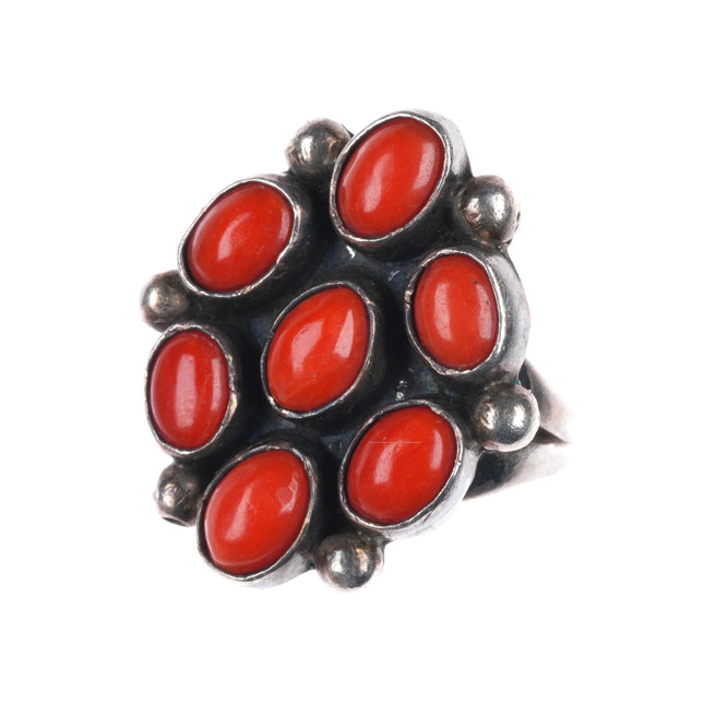sz6 Vintage Navajo sterling silver Mediterranean red coral cluster ring