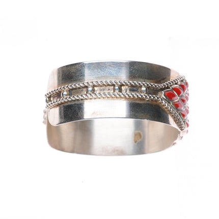 6.3" Derrick-Lorelia Chavez Zuni sterling silver coral raise inlay cuff bracelet