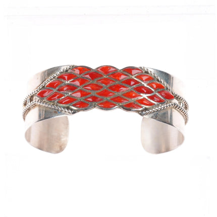 6.3" Derrick-Lorelia Chavez Zuni sterling silver coral raise inlay cuff bracelet